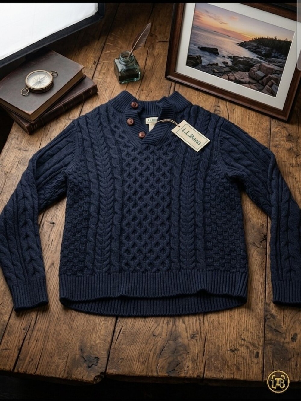 L.L. Bean Navy Cable-Knit Sweater with Button Plackets